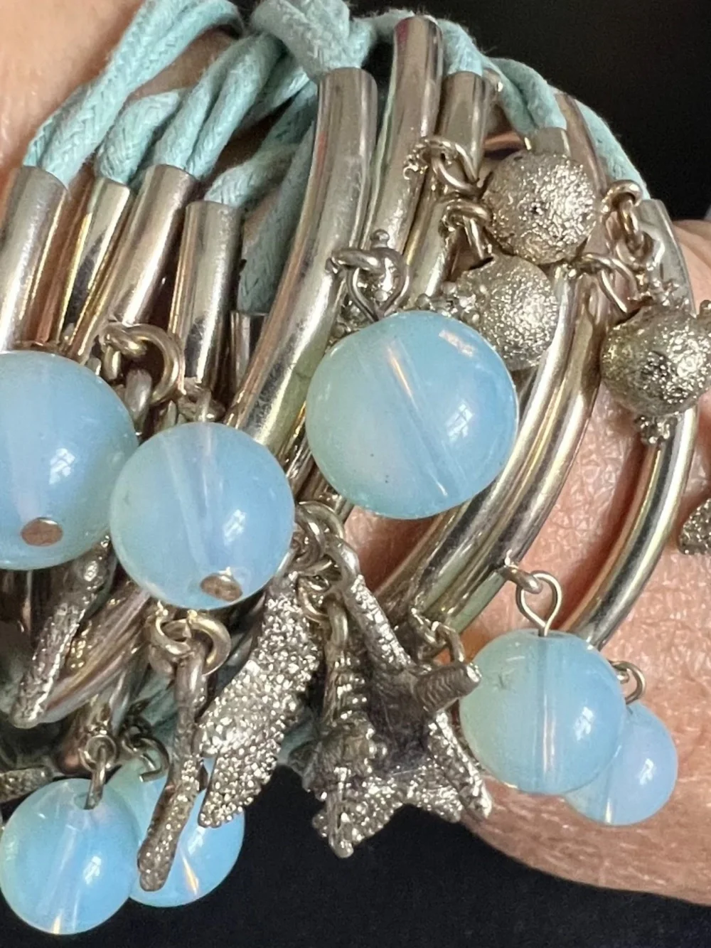 Coastal Beach Multi-Strand Tube Wrap Bracelet Starfish & Blue Beads
